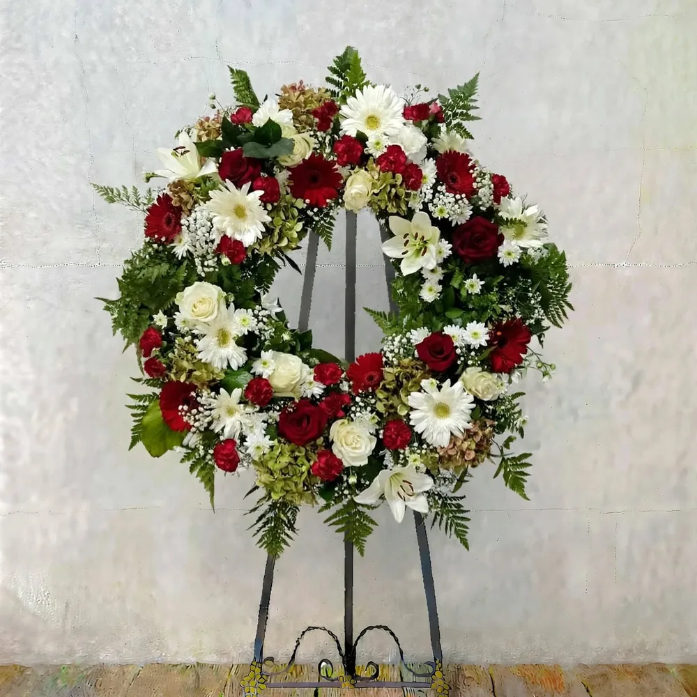 Corona redonda de flor rojo y blanco, 